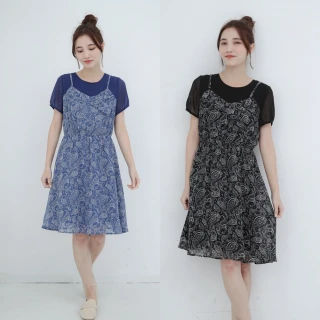 【PINK NEW GIRL】俏麗假兩件變形蟲印花短袖洋裝I5103ED(2色)