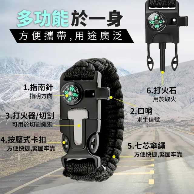 【3入組!!】五合一戶外傘繩求生手環(登山手環 安全手環 救急手環 打火石 避難 口哨 登山 野外 露營)