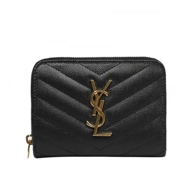 【YSL】SAINT LAURENT Cassandre 荔枝牛皮 拉鍊 釦式 短夾 卡夾 零錢包 金字 皮夾 黑色 668288