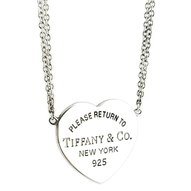【Tiffany&Co. 蒂芙尼】925純銀-RTT 刻字心牌墜飾雙鍊項鍊