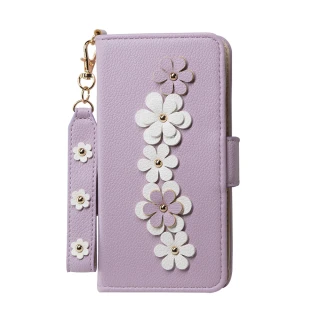 【Aguchi 亞古奇】Apple iPhone 13 Pro 6.1吋 花語鉚釘立體花朵手機皮套 - 柔紫(附皮質璀璨吊飾)