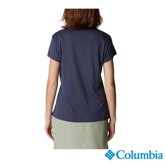 【Columbia 哥倫比亞 官方旗艦】女款- Omni-Shade UPF50酷涼快排LOGO短袖上衣-深藍(UAR34550NY / 2022年春