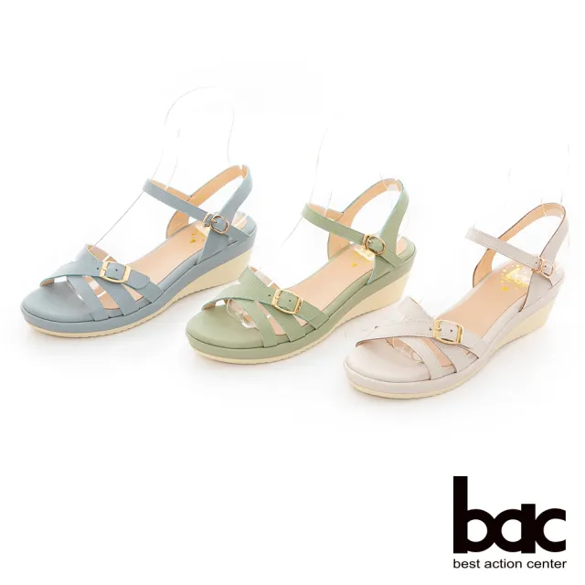 【bac】簡約交叉皮帶環楔型涼鞋(水藍色)