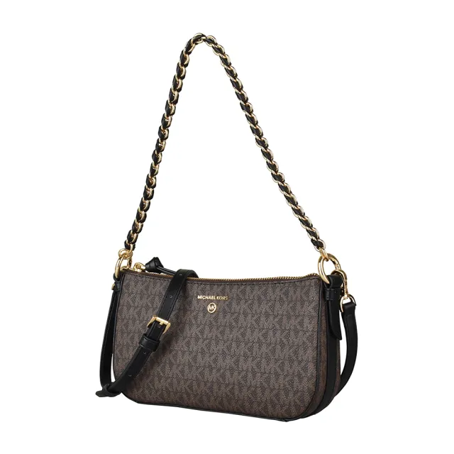 【Michael Kors】MK MICHAEL KORS JET SET金字LOGO PVC衍縫牛皮拉鏈扣式4合1斜背子母包(褐x黑)