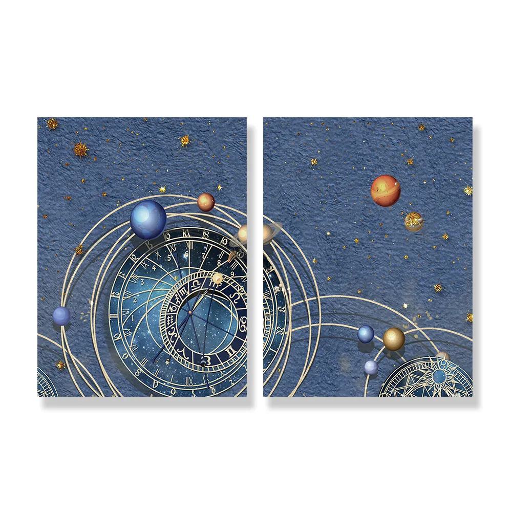 【24mama 掛畫】二聯式 油畫布 宇宙 星空 錶盤 星星 藝術 現代 科學 無框畫-60x80cm(太陽系的行星)
