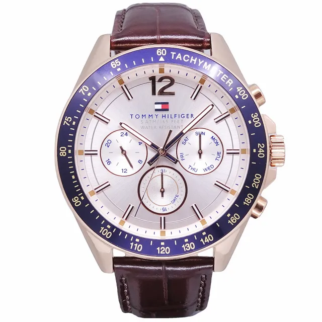 【Tommy Hilfiger】Tommy 美國時尚三眼流行風格優質皮革腕錶-金+咖啡-1791118