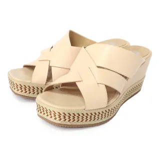 【TINO BELLINI 貝里尼】巴西進口牛皮寬帶交錯編織楔型涼拖鞋FSVO0002(米)