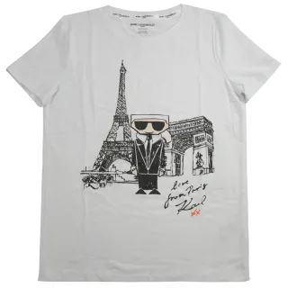 【KARL LAGERFELD 卡爾】老佛爺公仔巴黎地標圖案棉質短T恤(白)