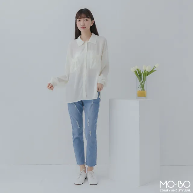 【MO-BO】仙女系雪紡口袋開襟襯衫(上衣)