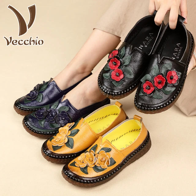 Vecchio 頭層牛皮真皮寬楦立體花朵果凍軟底樂福鞋(藏青)