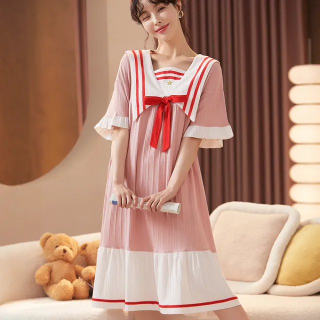 【Secret Lover】韓版粉色海軍領公主風 寬鬆版 可外穿居家服 睡衣SL22068(女短袖可外穿居家服洋裝)