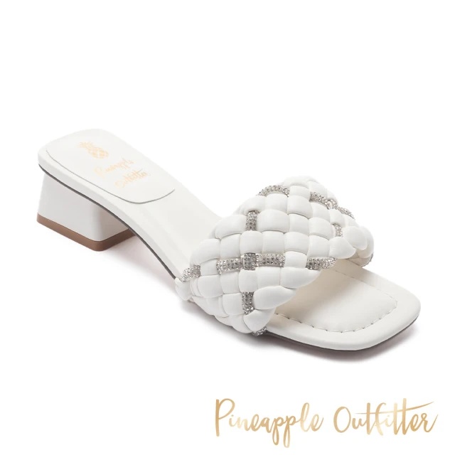【Pineapple Outfitter】ROSALIE 亮鑽編織粗低跟拖鞋(白色)