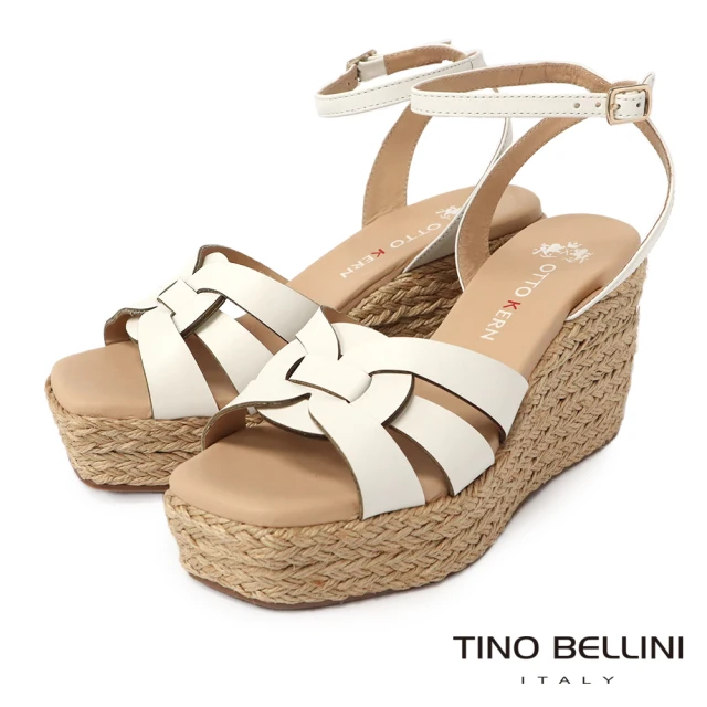【TINO BELLINI 貝里尼】巴西進口夏氛優雅休閒繫踝草編楔型涼鞋FSPO0006(白)