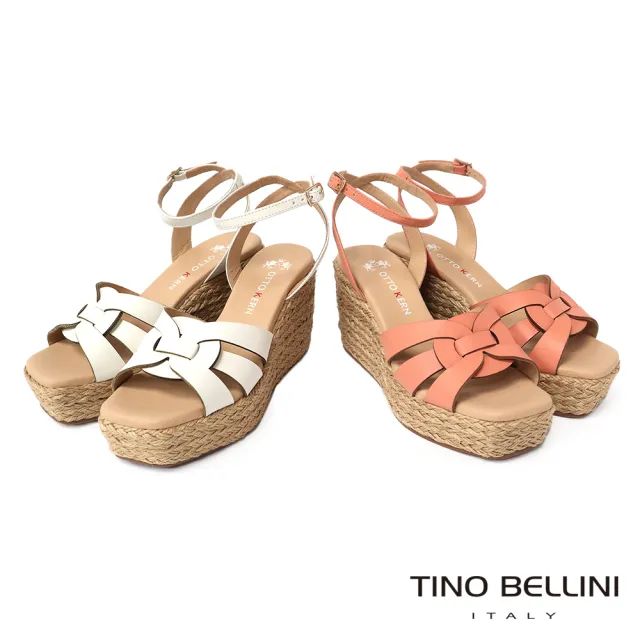 【TINO BELLINI 貝里尼】巴西進口夏氛優雅休閒繫踝草編楔型涼鞋FSPO0006(白)