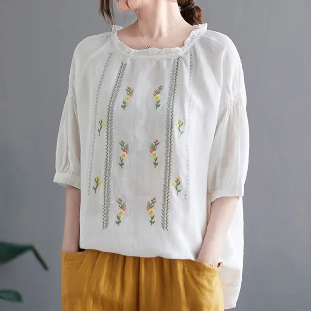 【ACheter】涼爽刺繡氣質寬鬆花邊棉麻上衣#112526現貨+預購(2色)