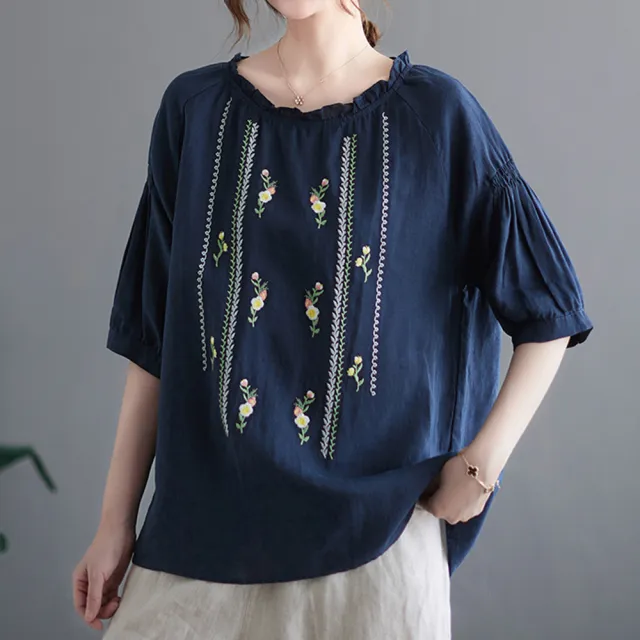 【ACheter】涼爽刺繡氣質寬鬆花邊棉麻上衣#112526現貨+預購(2色)