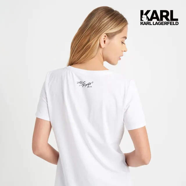 【KARL LAGERFELD 卡爾】KARL素描亮片墨鏡人像T恤-白(正面飾有老佛爺圖像/金色亮片裝飾細節/潮流百搭T)