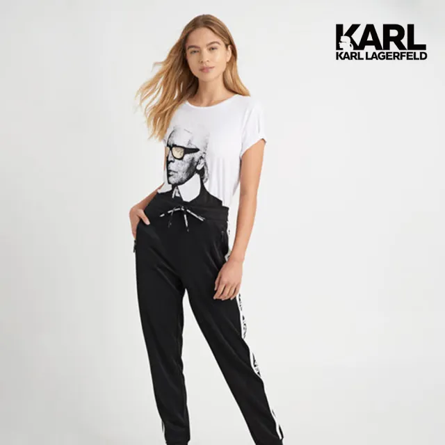 【KARL LAGERFELD 卡爾】KARL素描亮片墨鏡人像T恤-白(正面飾有老佛爺圖像/金色亮片裝飾細節/潮流百搭T)