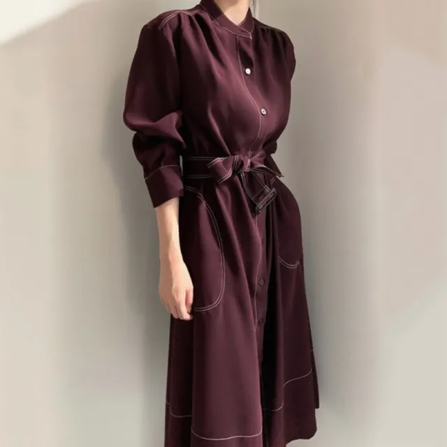 【baibeauty 白鳥麗子】韓系優雅立領單排扣收腰風衣長袖洋裝(連身裙)