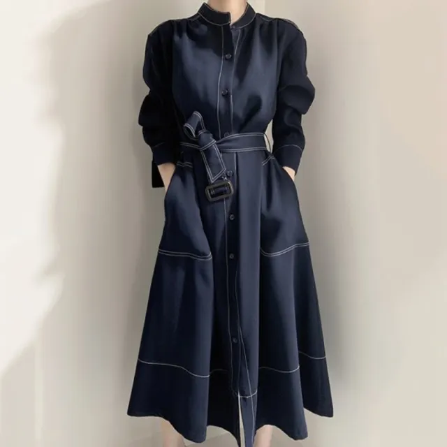 【baibeauty 白鳥麗子】韓系優雅立領單排扣收腰風衣長袖洋裝(連身裙)