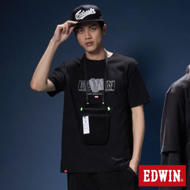 【EDWIN】男女裝 網路獨家↘3D立體毛邊線條LOGO短袖T恤(黑色)
