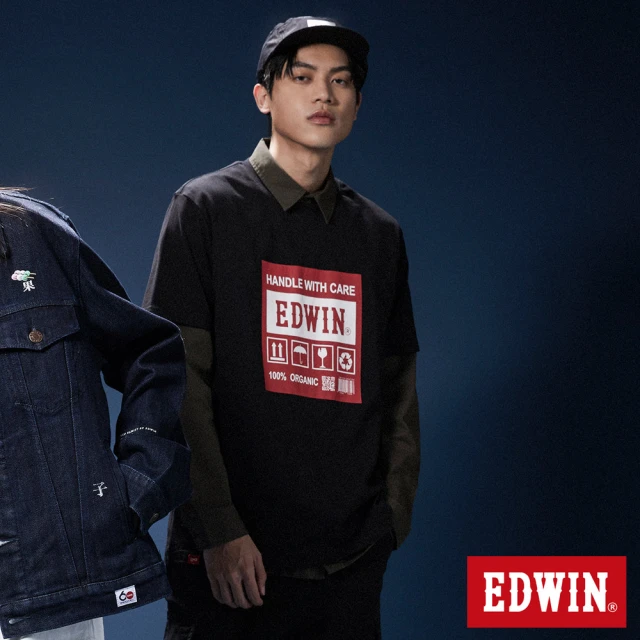 【EDWIN】男女裝 網路獨家↘標籤貼紙LOGO短袖T恤(黑色)