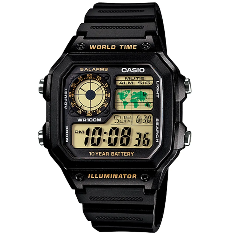 【CASIO 卡西歐】世界地圖10年電力電子錶(AE-1200WH-1B)