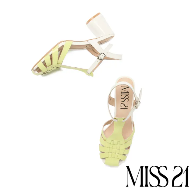 【MISS 21】個性時尚編織繫帶漆皮方頭高跟涼鞋(綠)