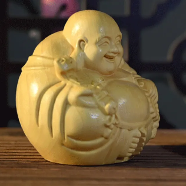 【桃花源創意工坊】黃楊木雕刻一團和氣彌勒佛創意木質文玩工藝品手把件汽車內飾擺件(木雕)