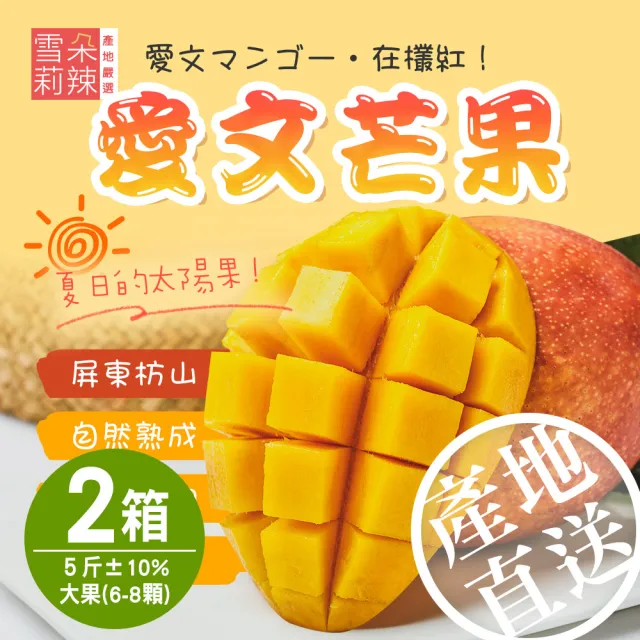 【雪莉朵辣】屏東枋山愛文芒果x2盒(大果-5斤±10%/盒/約6-8顆)