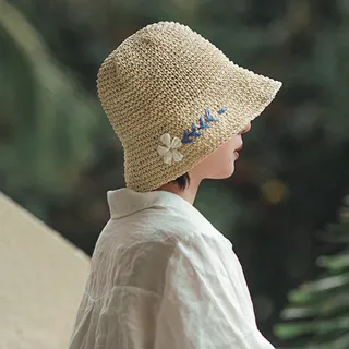 【AnnaSofia】遮陽帽防曬帽淑女帽網美渡假草帽海灘帽漁夫帽-清新雛菊編飾 現貨(米杏系)