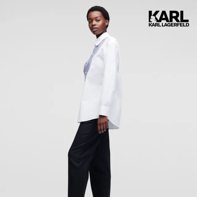 【KARL LAGERFELD 卡爾】條紋印花圍兜領襯衫-白(藍白條紋/兜領/有機棉襯衫)