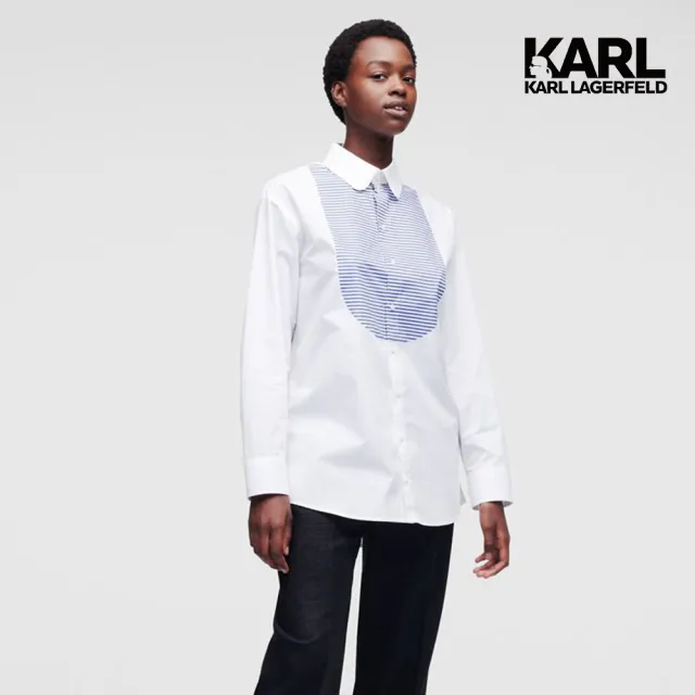 【KARL LAGERFELD 卡爾】條紋印花圍兜領襯衫-白(藍白條紋/兜領/有機棉襯衫)