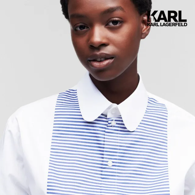 【KARL LAGERFELD 卡爾】條紋印花圍兜領襯衫-白(藍白條紋/兜領/有機棉襯衫)