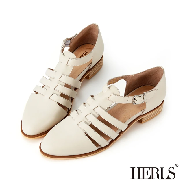 【HERLS】低跟鞋-小清新全真皮羅馬T字帶低跟鞋(白色)