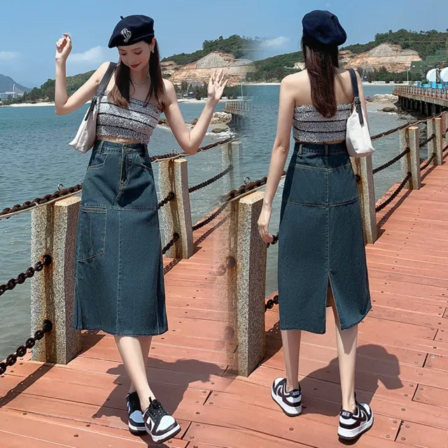 【WHATDAY】現貨-玩美衣櫃復古韓版A字修身口袋設計牛仔裙S-XL