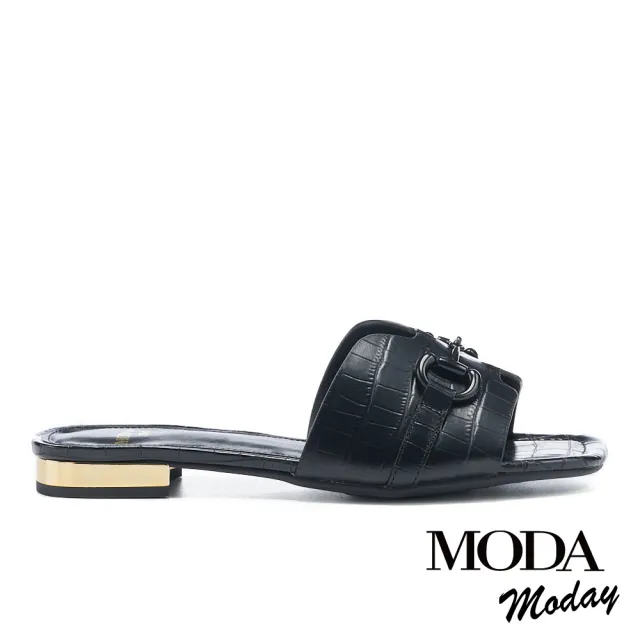 【MODA Moday】簡約質感馬銜釦壓紋方頭低跟拖鞋(黑)