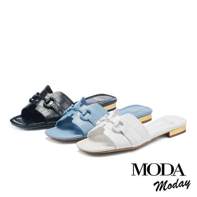 【MODA Moday】簡約質感馬銜釦壓紋方頭低跟拖鞋(黑)