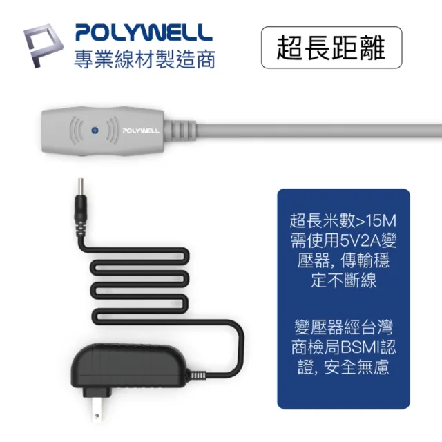 【POLYWELL】USB2.0 Type-A公對A母 主動式增益延長線 20M(適用於延伸USB週邊產品的使用範圍)