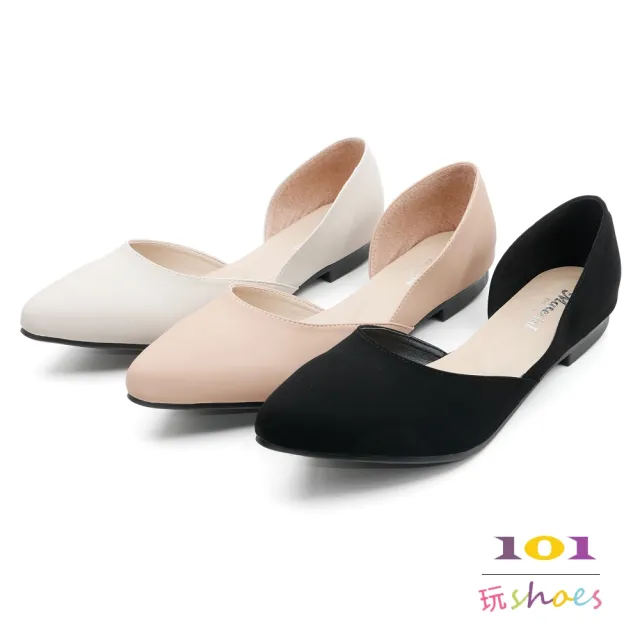 【101 玩Shoes】mit.大尺碼讓腳踝更性感的氣質側空尖頭平底鞋(黑/粉灰.41-44碼)
