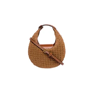 【STAUD】RAFFIA MICRO MOON 迷你皮革、草編手提包/側背包(棕色)