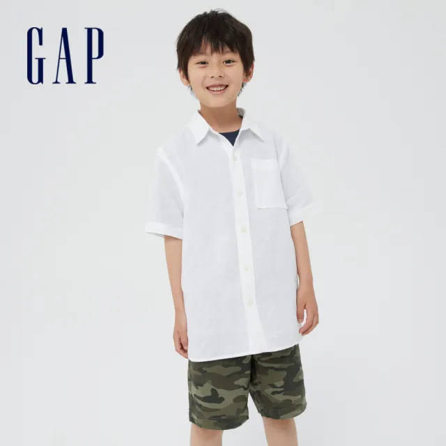 【GAP】男童裝 輕薄翻領短袖襯衫-白色(824550)