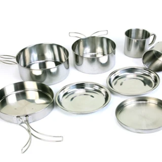 【ROYAL LIFE】不鏽鋼8件杯碗鍋餐具組-4入組(露營餐具 戶外烹飪 野炊餐具 野營炊具用品)