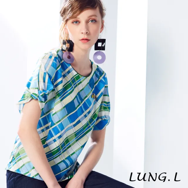 【LUNG.L 林佳樺】LK75A#藍色圓領斜格紋短袖棉質上衣(女裝)