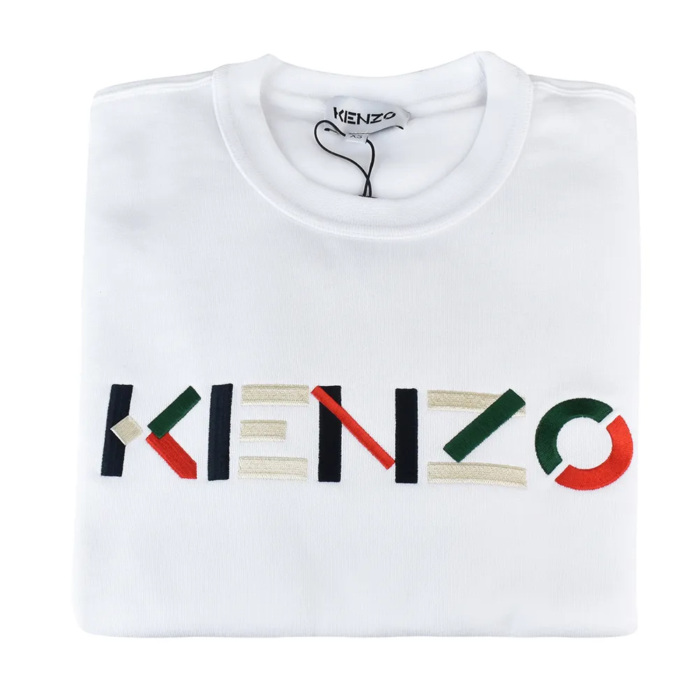 【KENZO】KENZO彩色刺繡LOGO純棉長袖大學T恤(女裝/白)