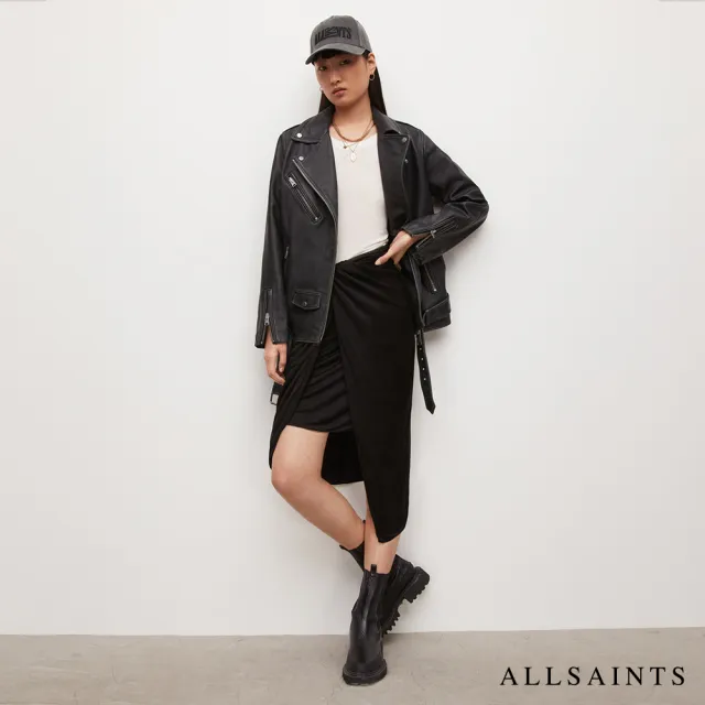 【ALLSAINTS】ARA SAMI 舒適扭結不對稱中長裙-黑 WS021V(貼身版型)