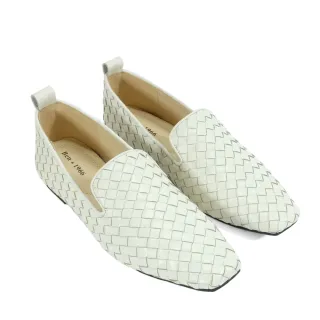 【Ben&1966】高級頭層牛皮流行編織舒適樂福鞋-米白