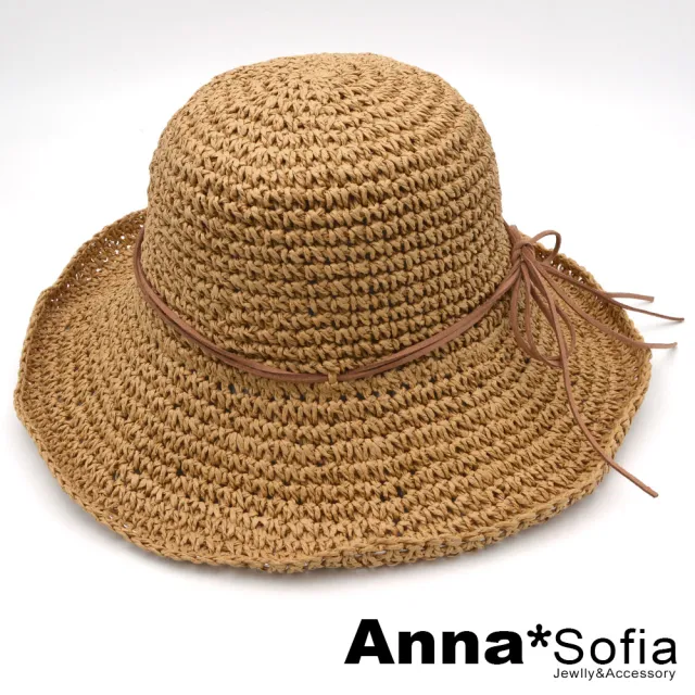 【AnnaSofia】298均一價 遮陽帽防曬帽淑女帽網美渡假草帽海灘帽漁夫帽-捲邊雙麂繩綁結 現貨(駝系)