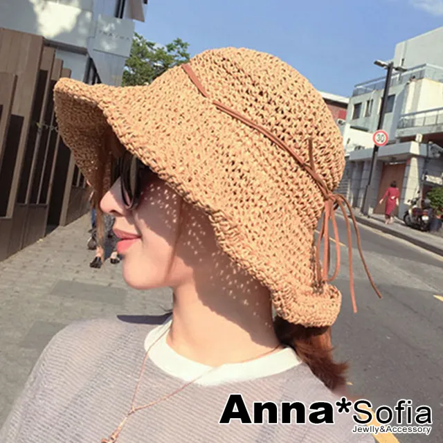 【AnnaSofia】298均一價 遮陽帽防曬帽淑女帽網美渡假草帽海灘帽漁夫帽-捲邊雙麂繩綁結 現貨(駝系)