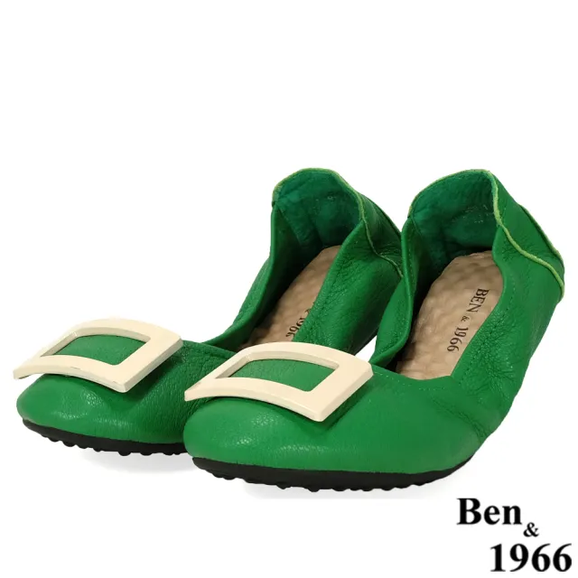 【Ben&1966】高級頭層水染羊皮經典方釦折疊鞋-綠